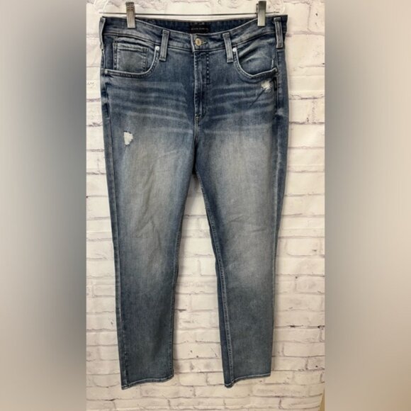 Silver Jeans 33x31 Most Wanted Straight Mid Rise Stretch Distressed Blue - Picture 1 of 8